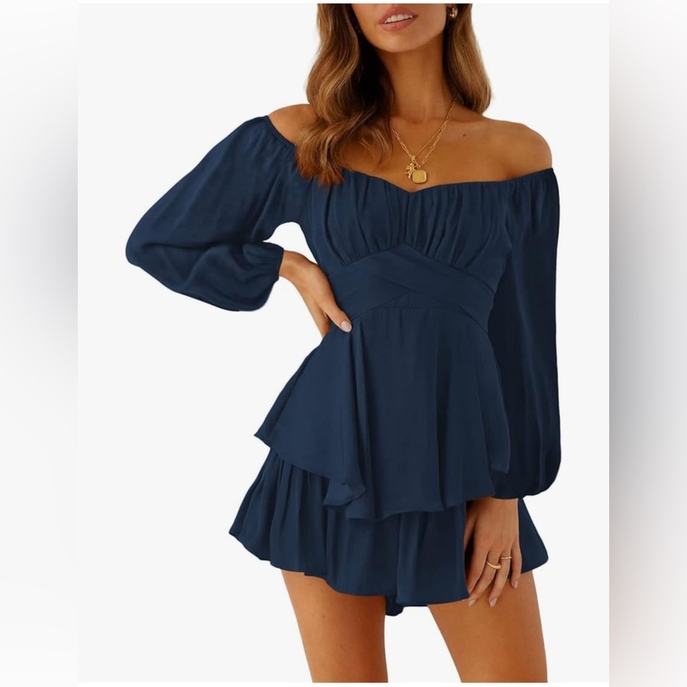 Romper Long Sleeve Off Shoulder Ruffle Chiffon Shorts Medium Navy Blue Boho Zip